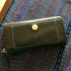 Leather coach wallet with light blue stitching